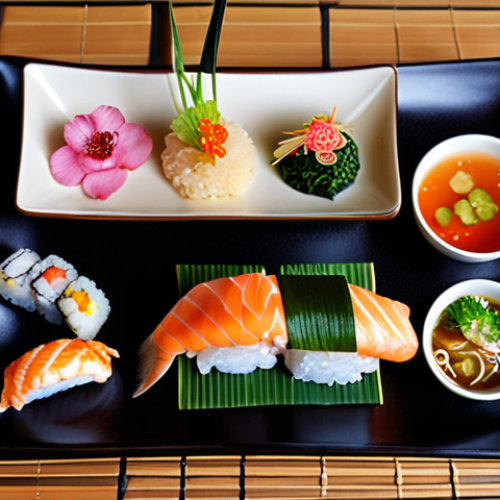 Home 11 **Image:** A beautifully arranged Japanese meal showcasing the vibrant colors of the ingredients. Include a variety of dishes such as sushi, miso soup, grilled fish, and tempura. Garnish with delicate vegetable carvings and edible flowers to emphasize the importance of presentation. The scene should evoke a sense of harmony and balance, typical of Japanese cuisine.