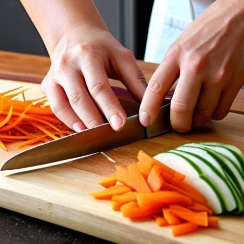 Home 6 **
A close-up shot of hands expertly using Japanese kitchen knives to precisely slice vegetables. Focus on the knife skills, with a clean cutting board and perfectly uniform slices of ingredients like daikon radish and carrots. The overall impression should be skillful and detail-oriented.
**