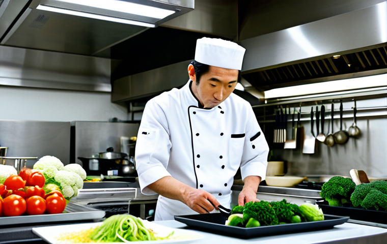 일식조리사 업무 중 자주 겪는 사례 - New Ingredients**
"A chef in a clean, professional Japanese kitchen, examining a unique vegetable. ...
